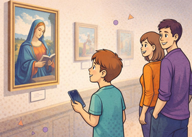 Une famille jouant dans un musée avec l'application Amuseemus